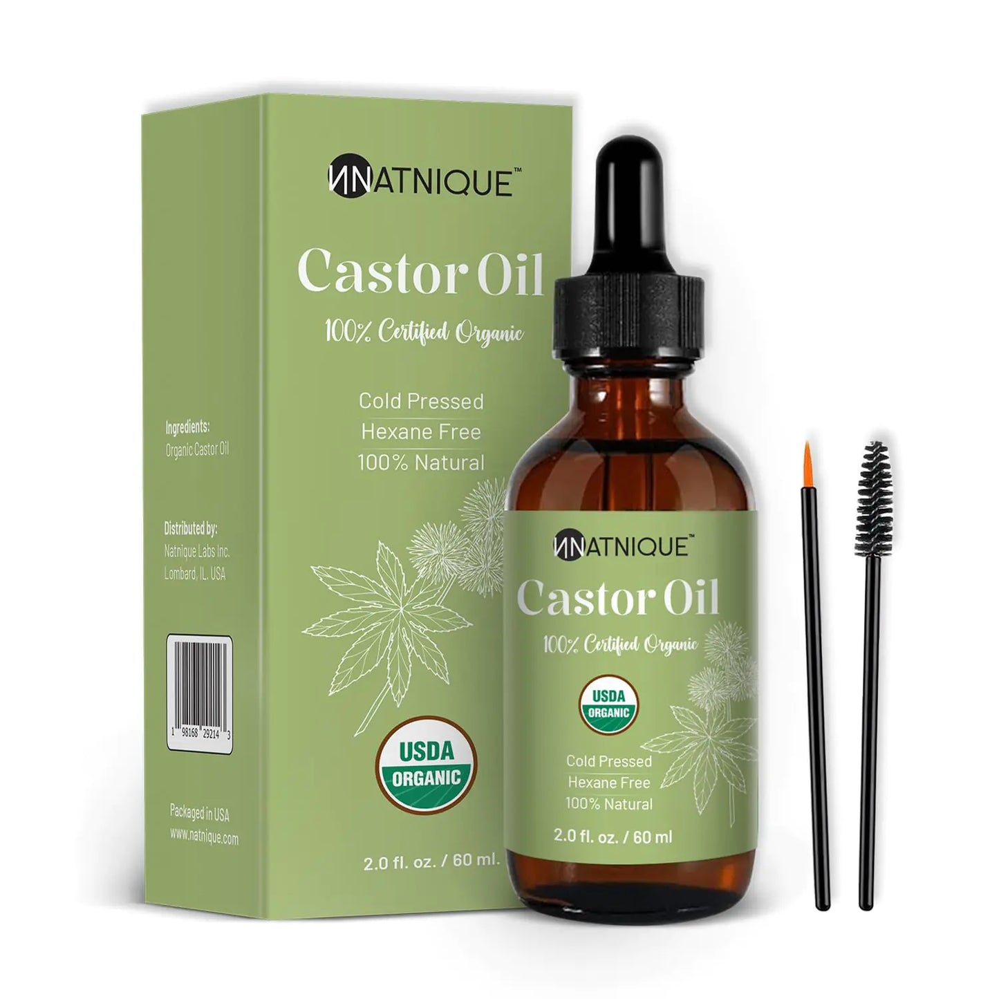 Natnique Castor Oil Organic 2oz USDA 100% Pure Cold Pressed Unrefined Hair Growth Oil for Eyelashes & Eyebrows. Natural Skin Moisturizer Hair Treatment Kit Hair Growth Oil. Kit Includes Brushes